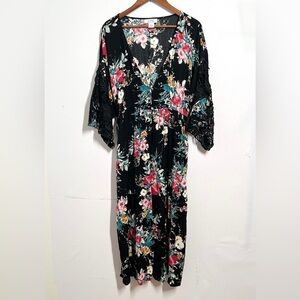 L.I.F.E. Kimono Long Cardigan Floral Lace trim Flowy Boho Women Size Medium